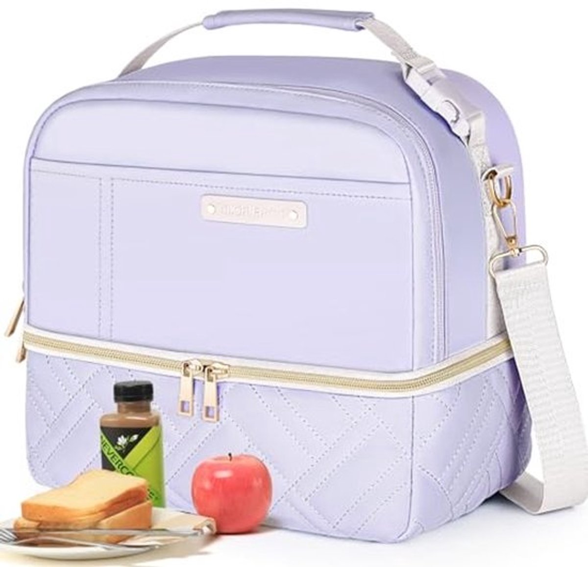 Stijlvolle 2-traps lunchtas voor dames - Veganistisch leer, Grote, Lekvrije, Geïsoleerde koeltas met verstelbare riem voor Werk en Picknick