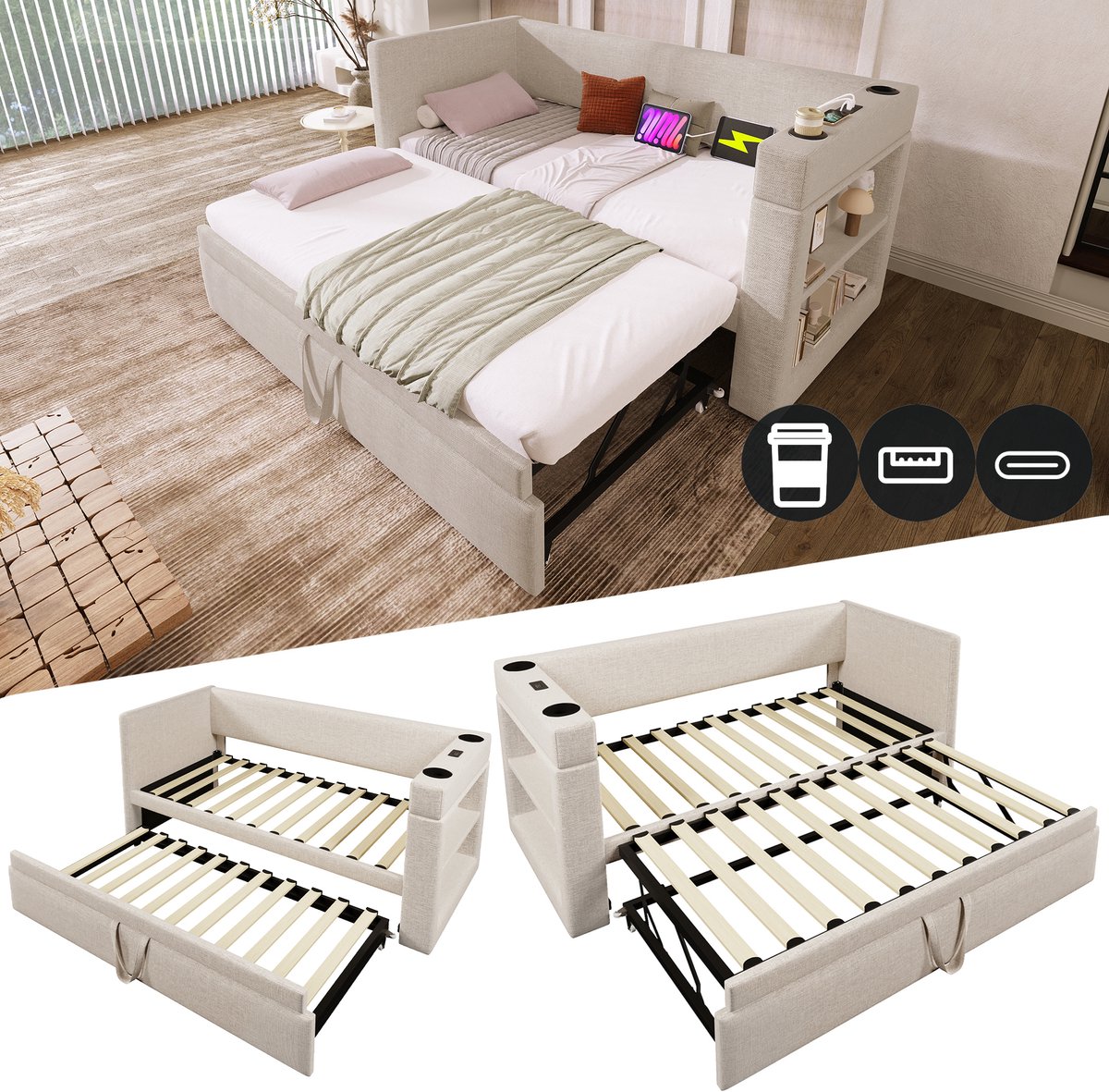 Gestoffeerd daybed met uitschuifbed, USB-C en drankhouders - compact voor logés - 90x190 cm eenpersoons - beige - omkeerbare armleuningen met laadpoorten - linnen-katoen mix - 3x USB en Type-C