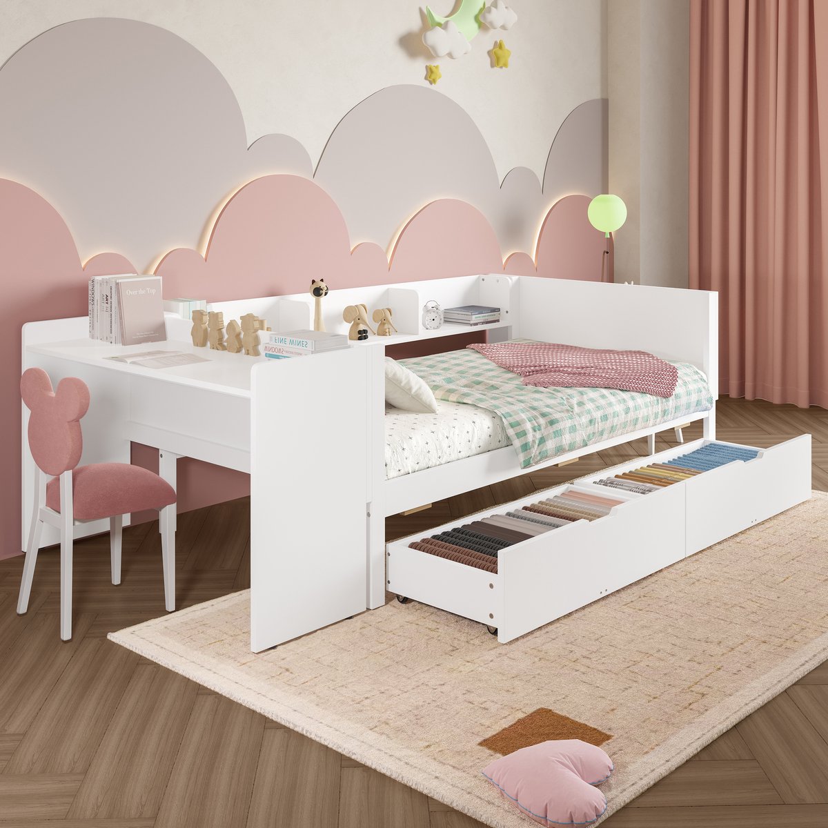 Bed met bureau en opberglades - ruimtebesparend voor kinderkamer en tienerkamer - 90x200 cm eenpersoons - wit - 2 laden en 3 planken - hoge veiligheidsranden - grenen en spaanplaat frame - inclusief lattenbodem