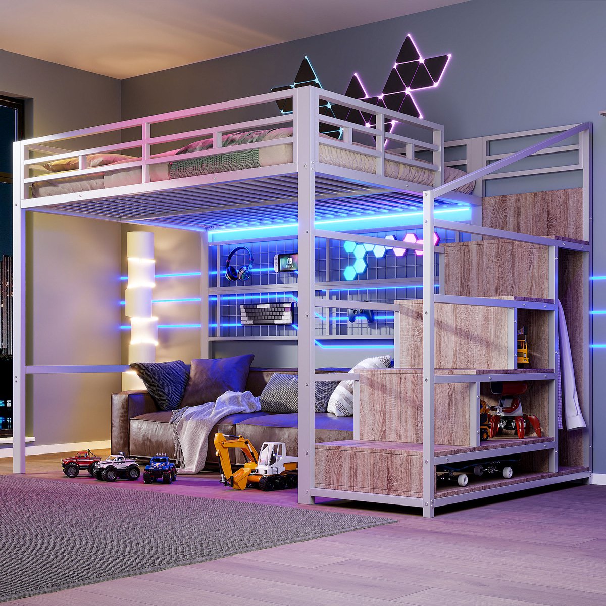 Metalen hoogslaper 140x200 cm - Inclusief garderobekast, opbergtrap en ophangrek - Wit - 7-kleuren LED-verlichting - Stabiel stalen frame - Geschikt voor compacte (tiener)kamers