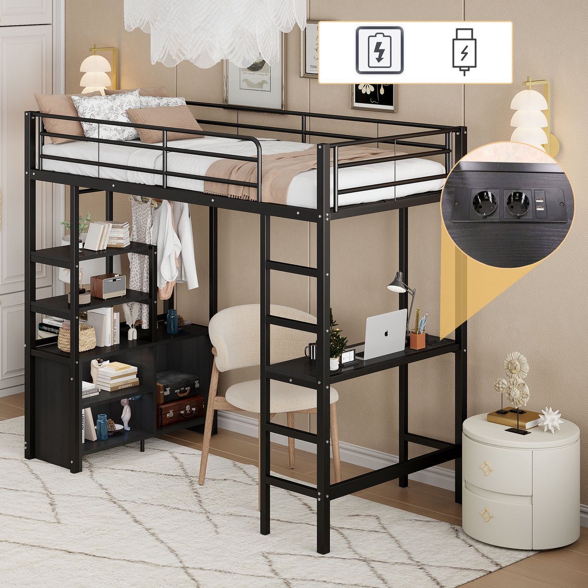 Metalen hoogslaper 90x200 cm - Slaap- en studeercombinatie met stopcontact en USB - Zwart - Bureau, legplanken en open opbergkasten - Veiligheidshek en vaste ladder - Stalen frame tot 120 kg