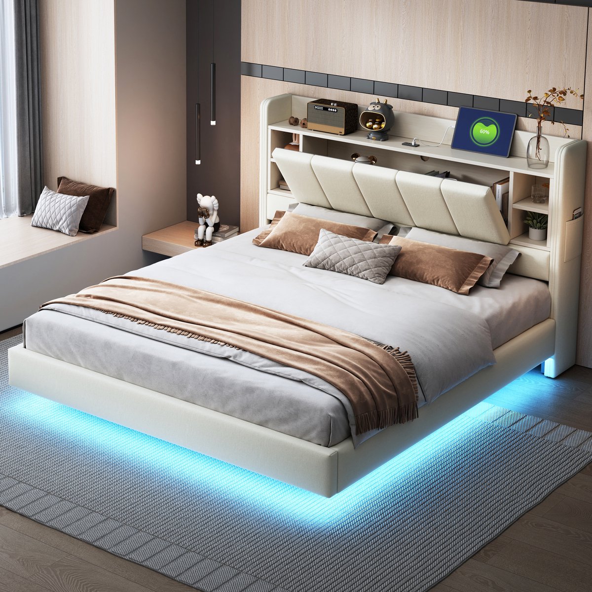 Gestoffeerd bed 160x200 cm - Met USB en LED-lichtstrip - Beige linnen - Omkeerbaar hoofdeinde met opbergvakken en legplanken - Zwevend ontwerp - Stabiel metalen frame tot 250 kg