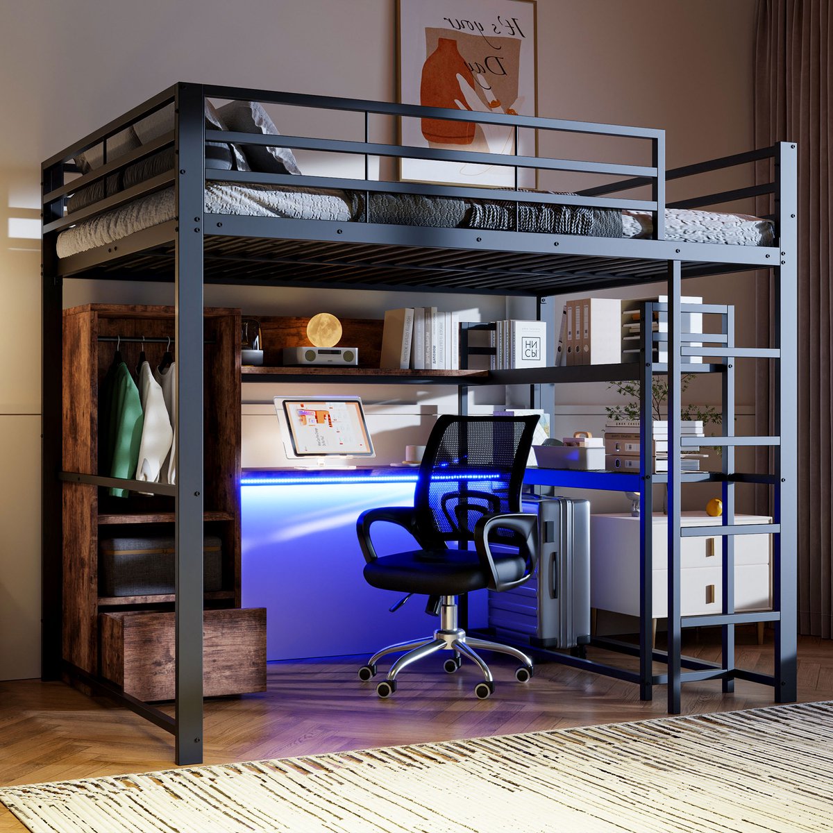 Metalen hoogslaper 140x200 cm - met bureau, opberglade, open legplanken en veilige trap - eenpersoons - zwart - 16 kleuren LED-verlichting - stevig stalen frame