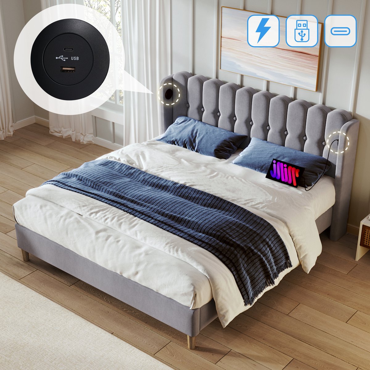 Gestoffeerd tweepersoonsbed 140x200 cm - Met USB-C oplaadfunctie en paneelhoofdbord - Grijs - Ademende linnen bekleding - Stevige lattenbodem inbegrepen