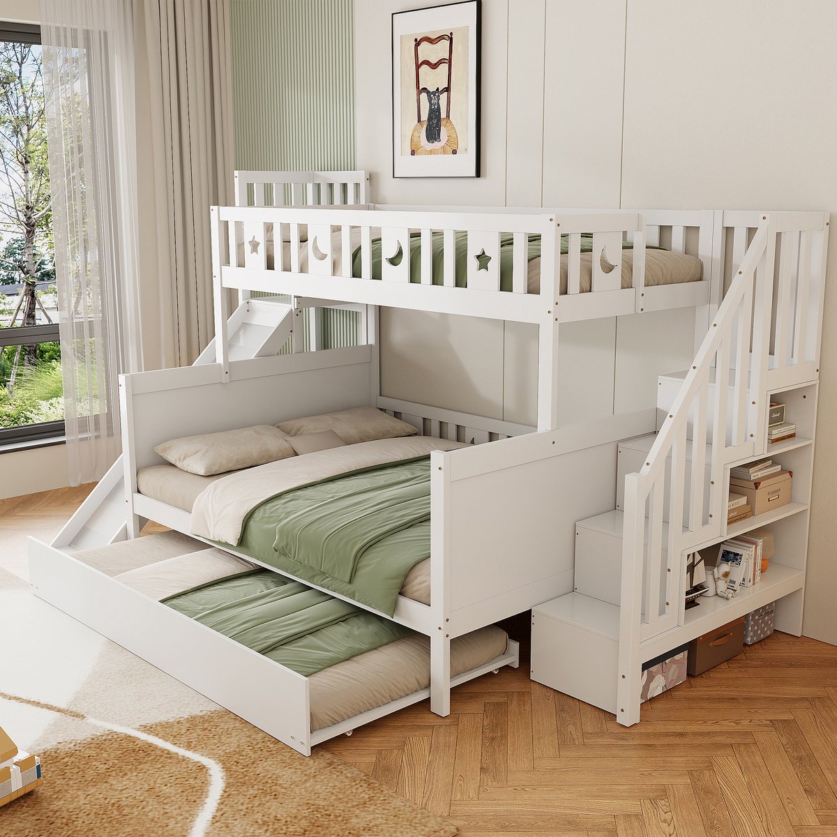 Kinder stapelbed met glijbaan, uitschuifbed en opbergruimte - voor broers, zussen en logees - 90x200 cm boven + 140x200 cm onder + 90x190 cm uitschuifbed - wit - massief grenen - lattenbodems inbegrepen