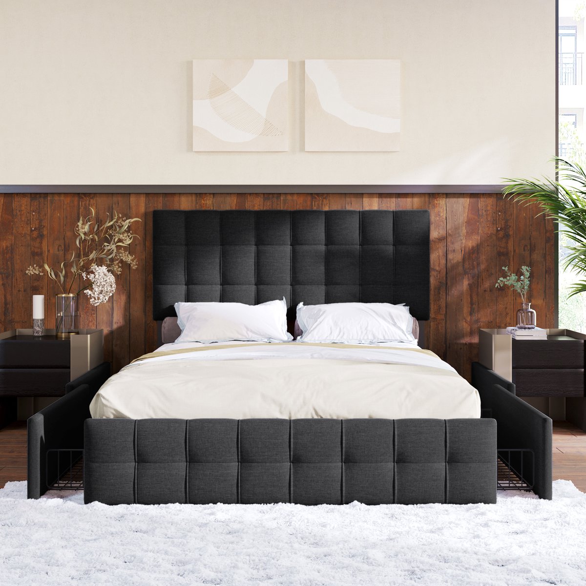 Gestoffeerd bed 140x200 cm - met 4 opberglades en verstelbaar hoofdeinde - tweepersoons - zwart - linnen wafeldesign - metalen lattenbodem