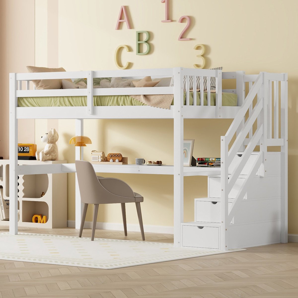 Kinderhoogbed 90x200 cm - Met opbergtrap, lades en bureau - Wit - Massief grenenhout en MDF - Compacte 3-in-1 oplossing voor kinderkamer of tienerkamer