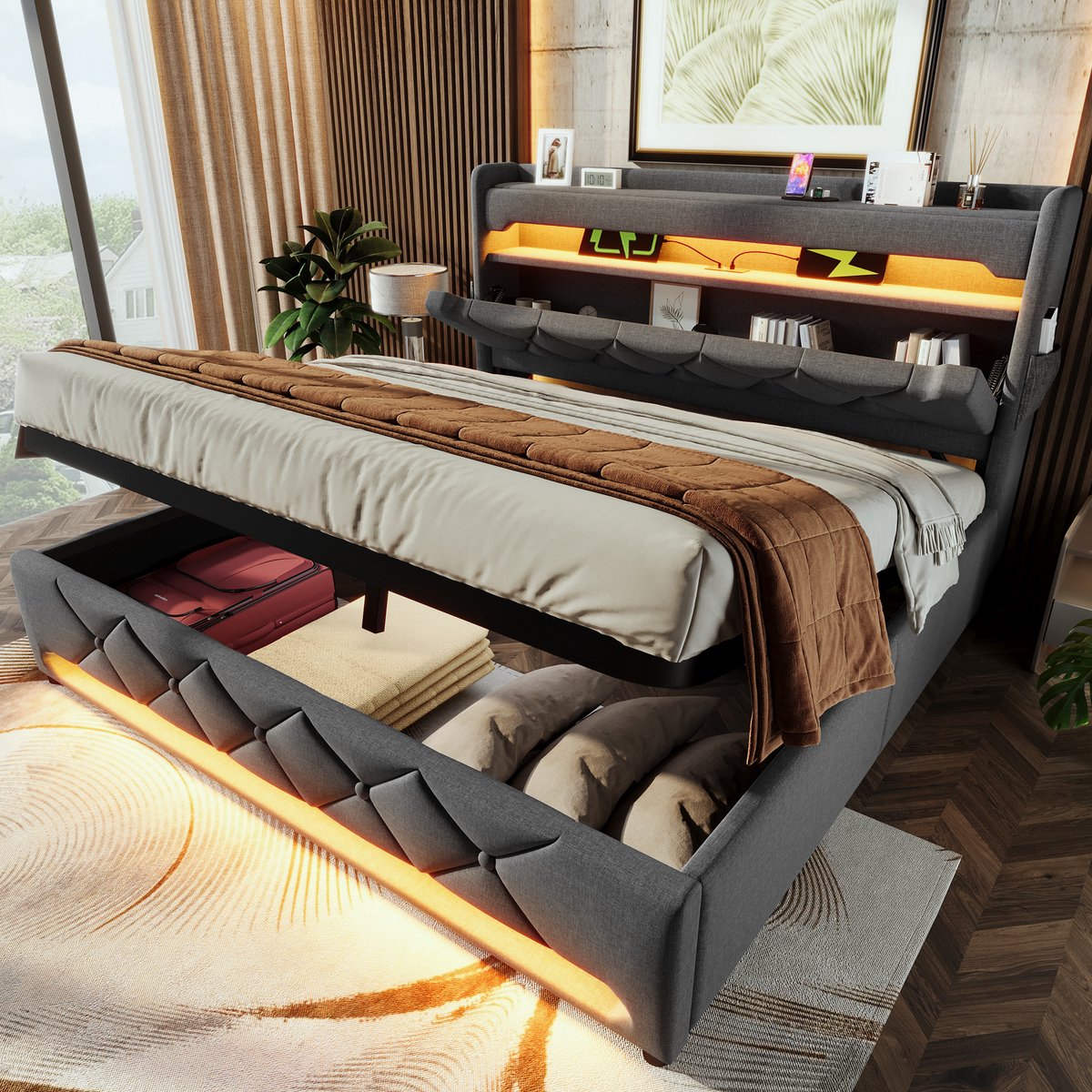 Gestoffeerd opbergbed - 360° Surround LED, USB-C snelladen en hydraulische lift - 160x200 cm voor 2 personen - Grijs linnen - Opbergvakken in hoofdeinde - Stabiel tot 250 kg