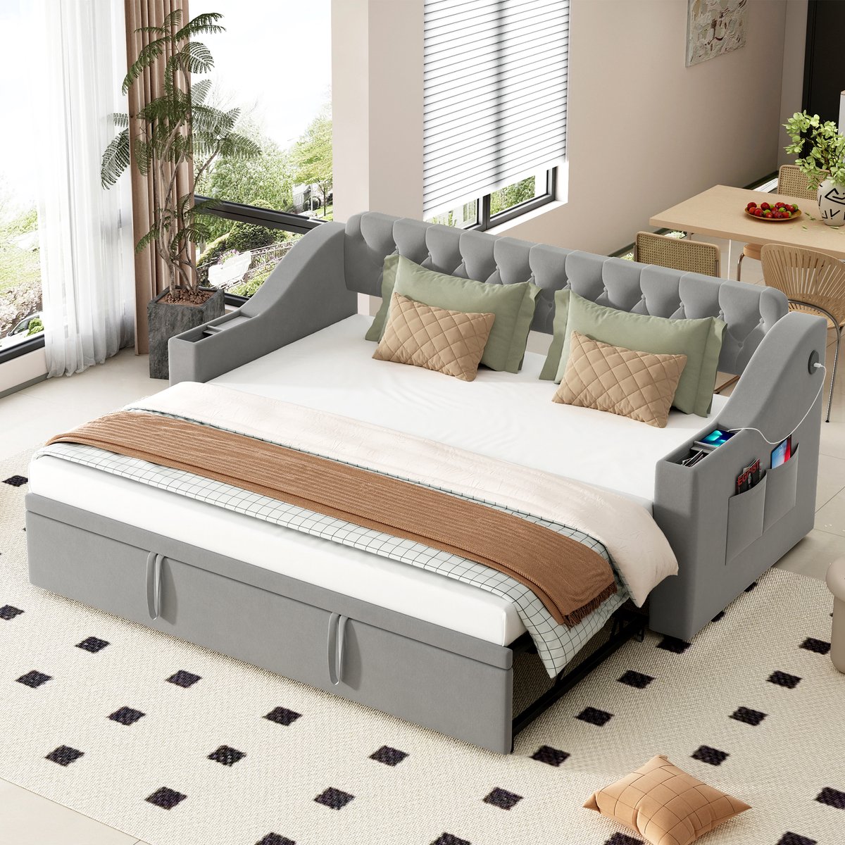 Gestoffeerd slaapsofa - Uitschuifbaar tot tweepersoonsbed - 90/180x190 cm - Grijs - Dikkere armleuningen met USB-C en opbergvakken - Inclusief lattenbodem met 22 latten - Tot 300 kg