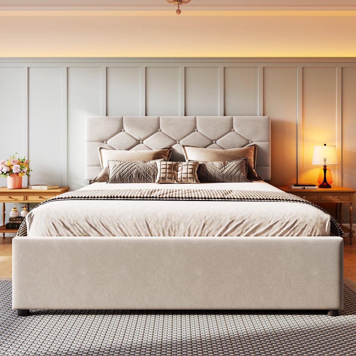 Gestoffeerd bed met uitschuifbed en knopenhoofdeinde - 140x200 cm - Beige fluweel - Inclusief lattenbodem - Uitschuifbed 90x190 cm - Links/rechts monteerbaar - Exclusief matras - Minimalistisch design