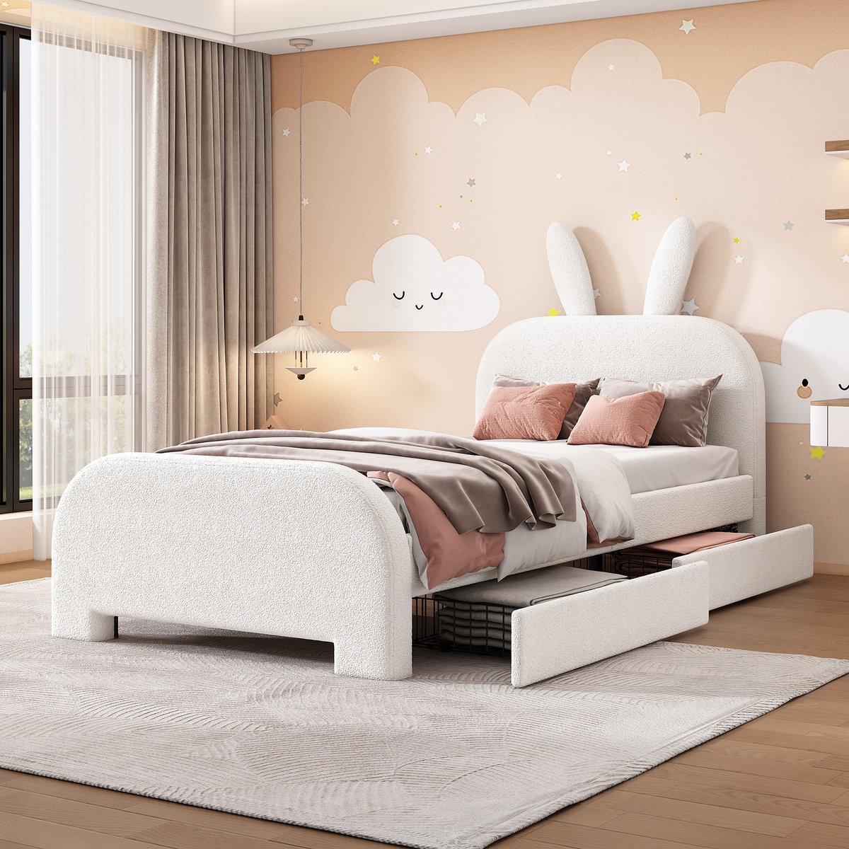 Gestoffeerd kinderbed in konijnvorm - 90x200 cm - 1 persoon - Wit - Pluche en MDF - 2 opberglades - Zacht hoofdeinde - Inclusief lattenbodem - Tot 150 kg