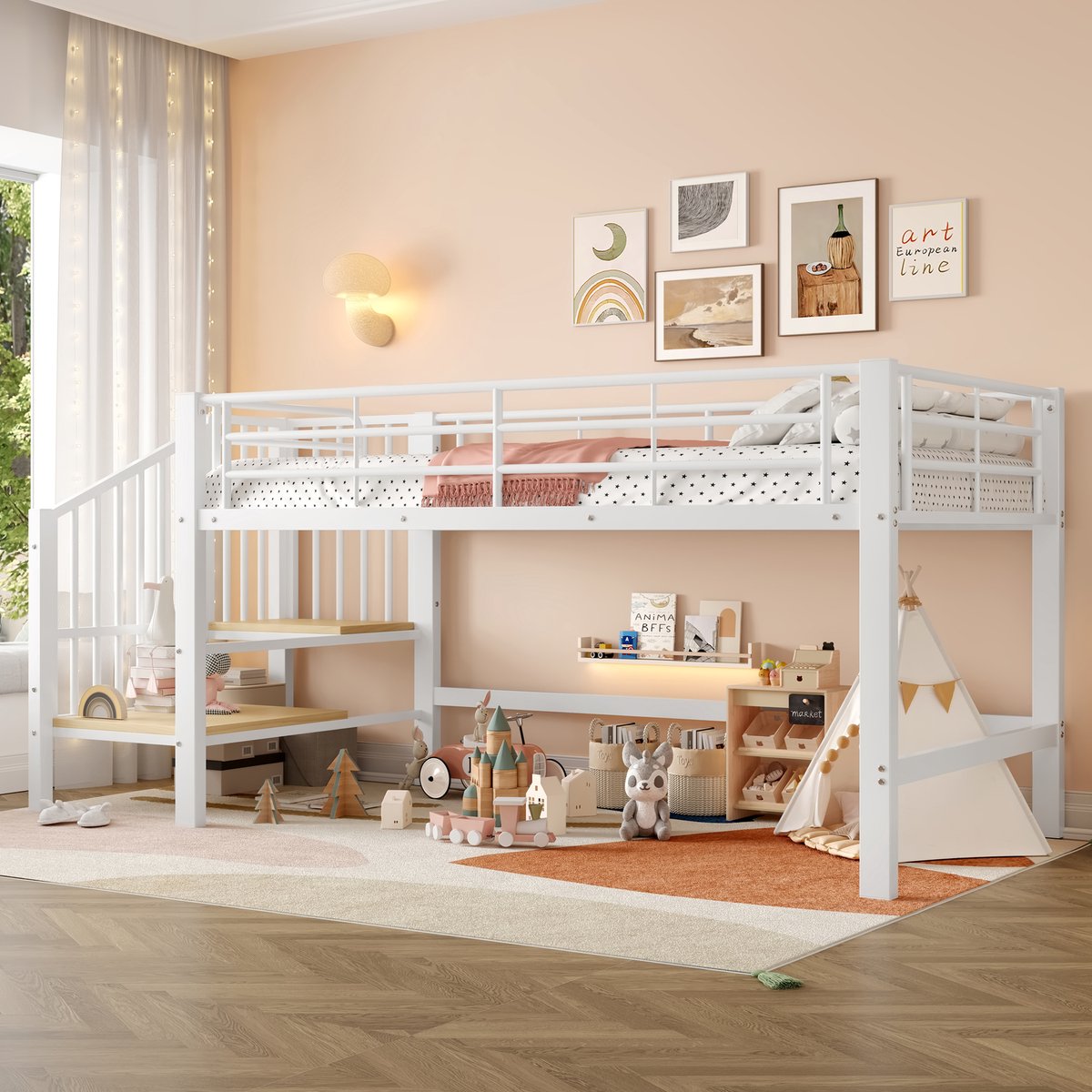 Halfhoog bed met opbergtrap - voor kinderkamer - 90x200 cm eenpersoons - wit - stevig metalen frame - veilige lage slaaphoogte 79,5 cm - lattenbodem inbegrepen