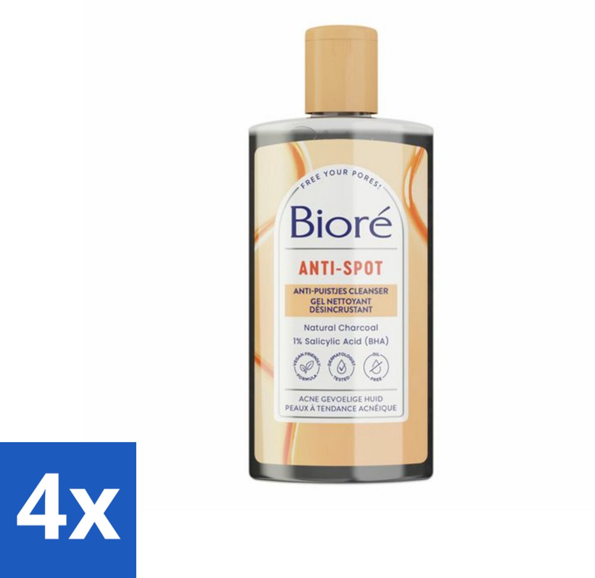 4 x Bioré – Houtskool Anti-Puistjes Reinigingsgel – Gezichtsreiniger – 200 ml - Houtskool Reinigingsgel - Puistjes Voorkomen - Gezicht Reinigen - Salicylzuur - Vet Huid Reinigen