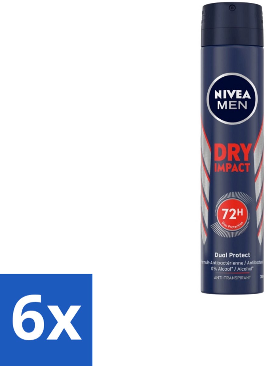 6 x NIVEA MEN – Anti-transpirant spray – Dry Impact – 200 ml - Anti-transpirant Spray - Zweet En Geur - 72u Bescherming - Zweetvorming - Geurvermindering