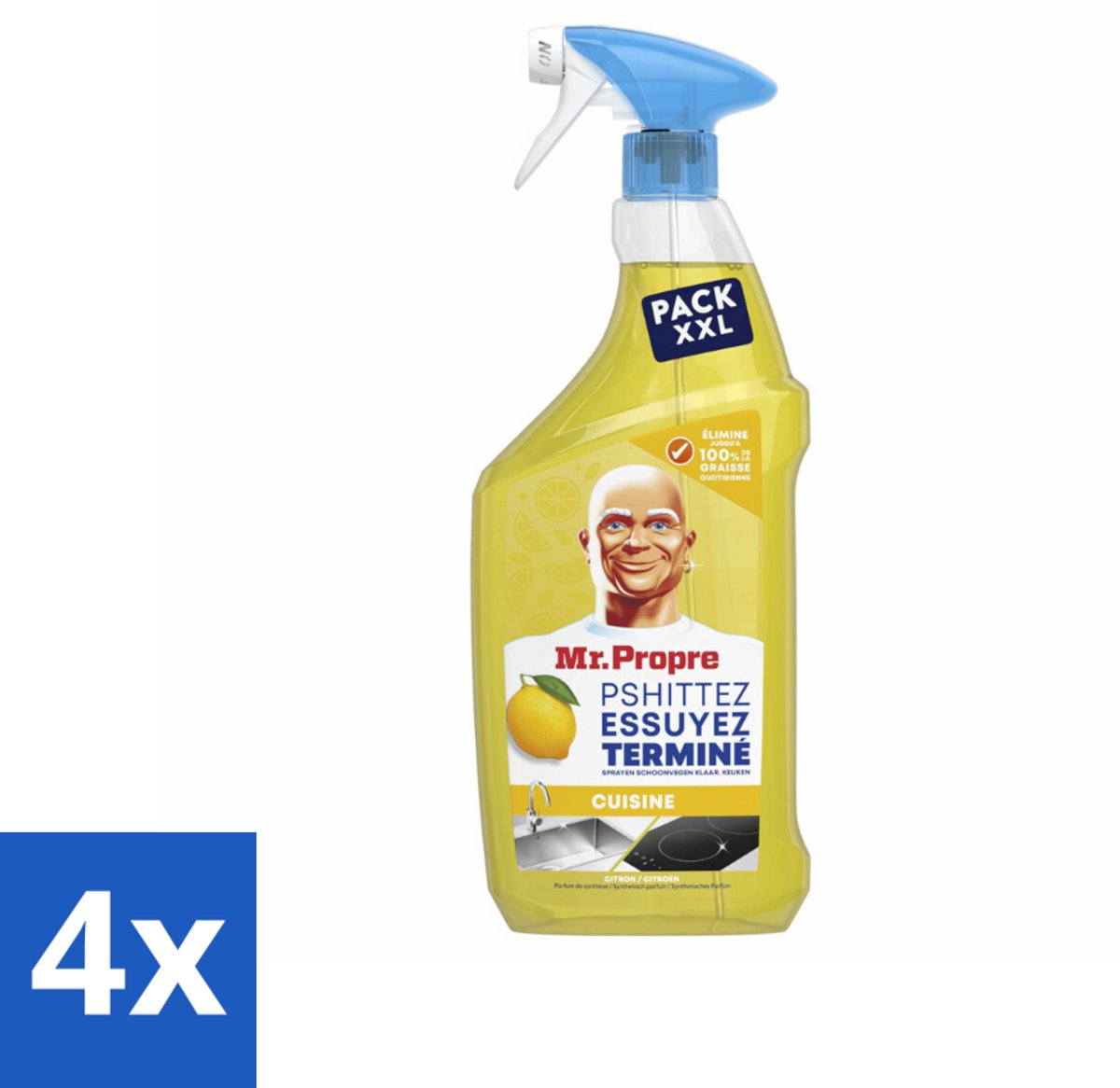 4 x Mr. Propre – Flash Reinheid Spray – Ontvetter & Allesreiniger – Lemon – 800 ml - Ontvetter - Allesreiniger - Citroen - Schone Glans - Streeploos