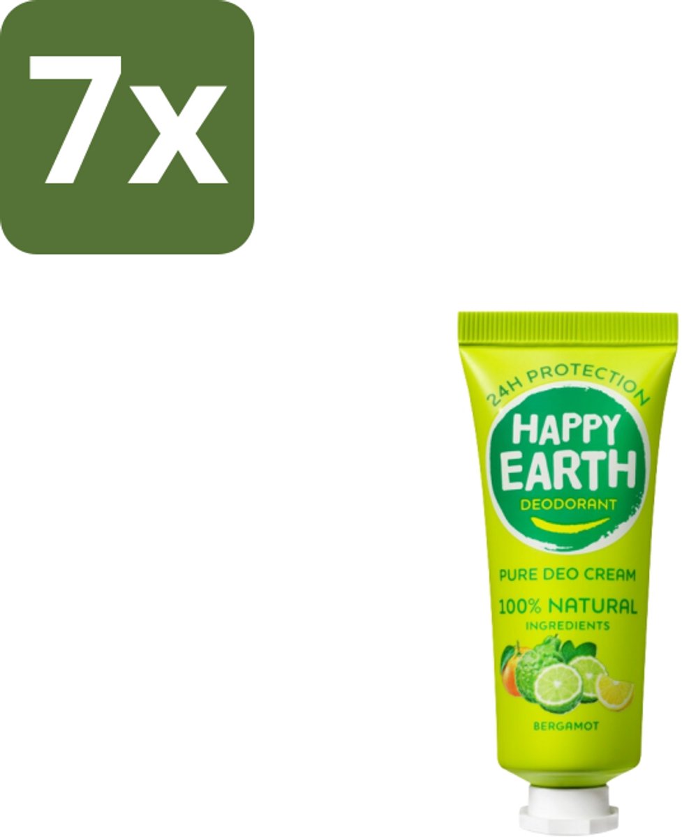 7 x Happy Earth – Deodorant Cream – 100% Natuurlijk Bergamot – 40 ml - 100% Natuurlijk Deodorant - Bergamot Deodorant - Natuurlijke Deodorant Crème - Aluminiumvrij Deodorant - Vegan Deodorant