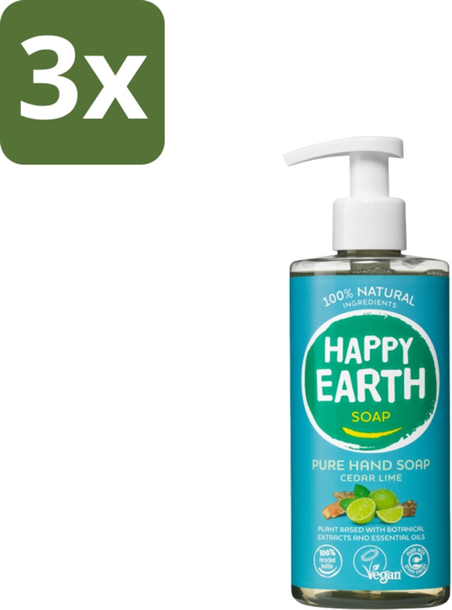 3 x Happy Earth – Handzeep – 100% Natuurlijk Cedar Lime – 300 ml - Natuurlijke Handzeep - Vegan Handzeep - Antibacteriële Handzeep - Ceder Lime Handzeep - Handzeep Met Essentiële Oliën
