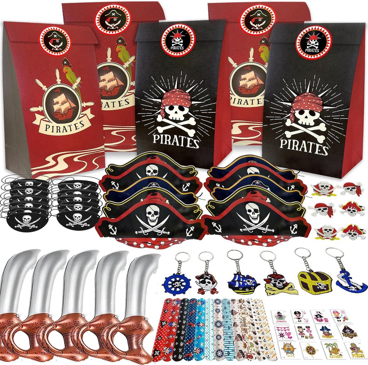 Piratenfeest Tassen, 96 Stuks Feestfavorieten, Decoraties en Accessoires voor Kinderen, Sleutelhangers, Hoeden en Spelletjes voor een Avontuurlijke Piratenjacht