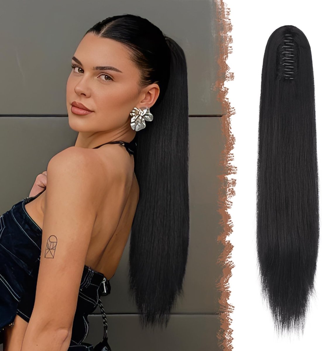 Natuurlijke Lange Steile Ponytail Extension - Zwarte Kapselaccessoires van Synthetisch Haar voor Vrouwen, 63 cm, Perfect voor Feestjes en Dagelijks Gebruik