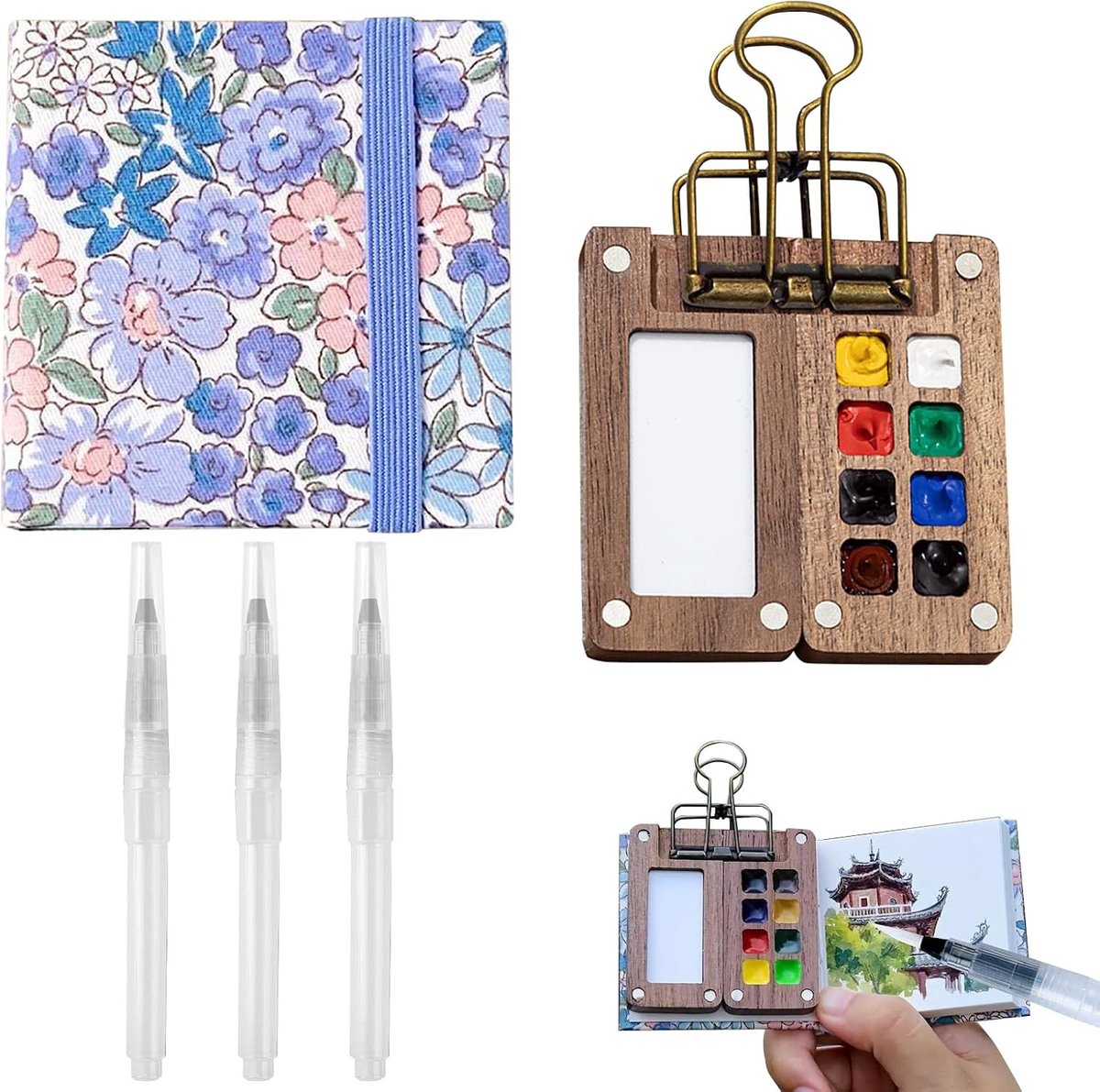 Draagbare Mini Schetsboek Set met Houten Reispalet voor Gouache Schilderen, Inclusief Waterverf Papier, Penselen en Clip (8 Vakjes)