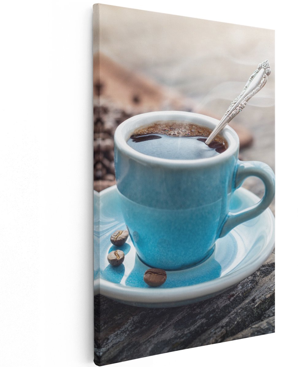 Artaza Canvas Schilderij Blauw Kopje Koffie Met Koffiebonen - 100x150 cm - Groot - Wanddecoratie Woonkamer - Schilderijen - Muurdecoratie