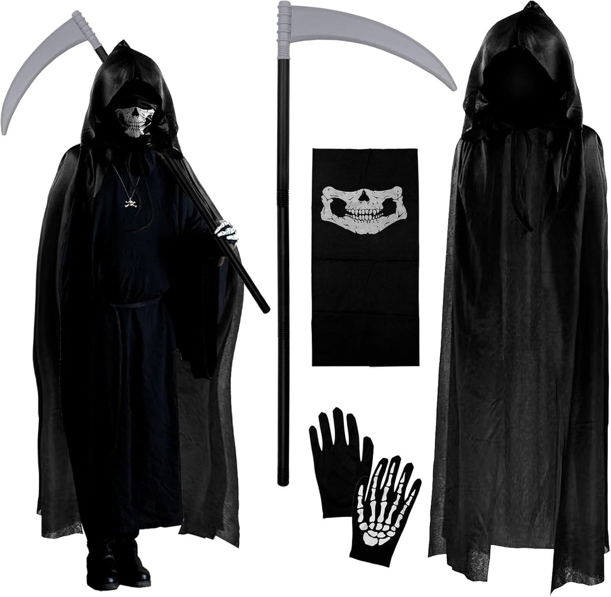 Griezelige Grim Reaper Kostuumset met Skelet Robe, Glow Handschoenen, Schedelmasker en Zeis voor Halloween Feestjes en Verkleedpartijen