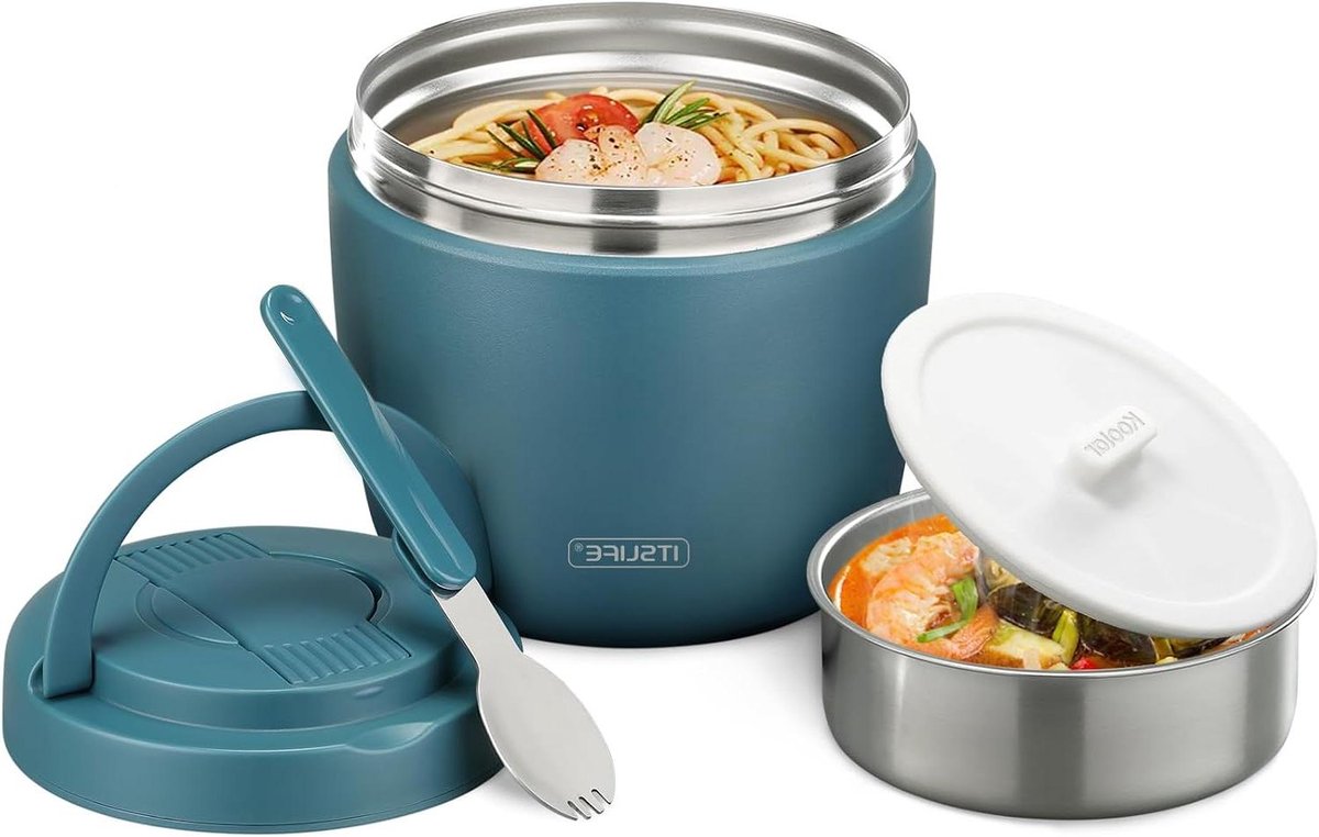 Thermische Voedselcontainer - Isolerende Lunchbox - Warme Maaltijden Meenemen - Dubbelwandig RVS - 970 ml - Lichtblauw