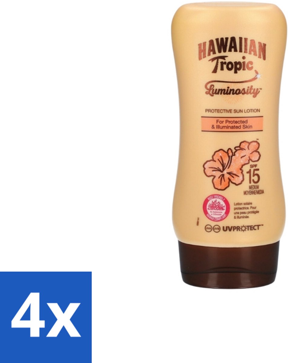 4 x Hawaiian Tropic – Zonnebrand Lotion – Luminosity Medium SPF15 – 180 ml - Zonbescherming - Zonnebrandlotion - SPF15 - Huidverzorging - Uitdroging Voorkomen