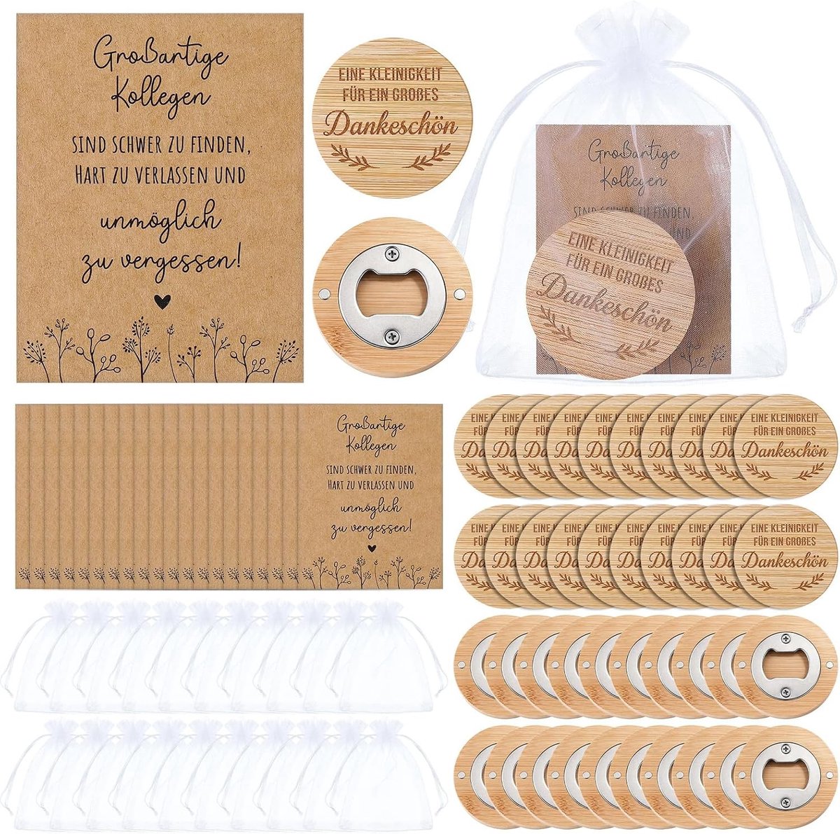 20 Sets Houten Flesopeners met Magnetische Organzazakjes en Bedankkaartjes voor Doop, Bruiloft en Feestbedankjes