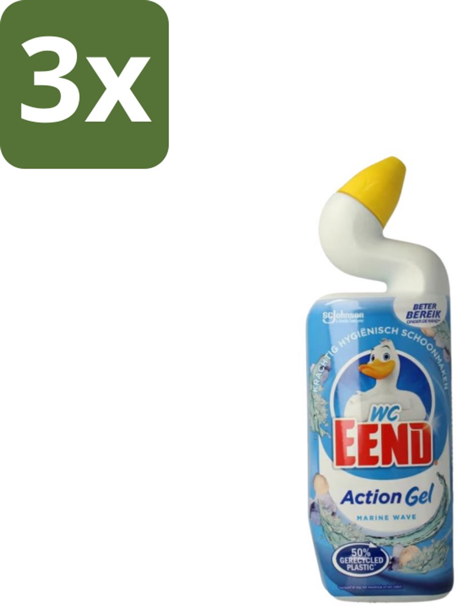 3 x WC Eend – Toiletgel – Action Gel Marine Wave – 750 ml - Toiletreiniger - Reinigen Toilet - Kalkaanslag Verwijderen - Fris Toilet - Oceaangeur