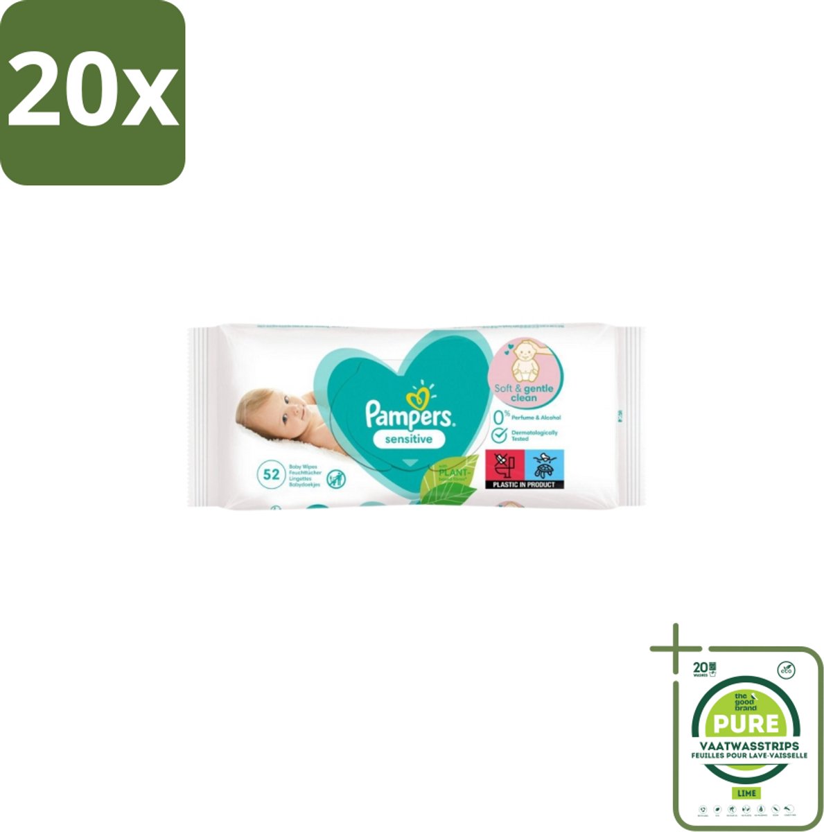 20 x Pampers – Babydoekjes – Sensitive – 52 Doekjes - Grootverpakking - Gevoelige Babyhuid - Pasgeboren Baby - Milde Reiniging - Zachte Doekjes - Baby Verzorging