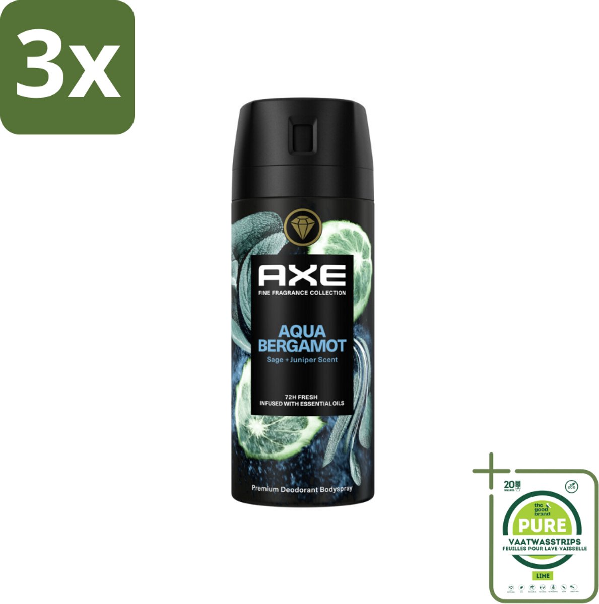 3 x Axe Deodorant Bodyspray Aqua Bergamot 150 ml - Grootverpakking - Aqua Bergamot Deodorant - Bodyspray - Geur - Lichaamsgeur Bescherming - Premium Geur