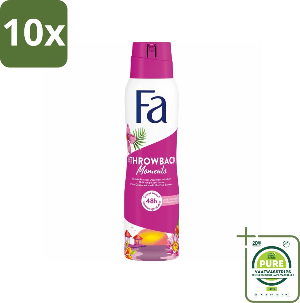 10 x Fa Deodorant Spray Throwback Moments 150 ml - Grootverpakking - Deodorant Spray - 48 Uur Bescherming - Roze Lotus Geur - Frisheid - Hydratatie