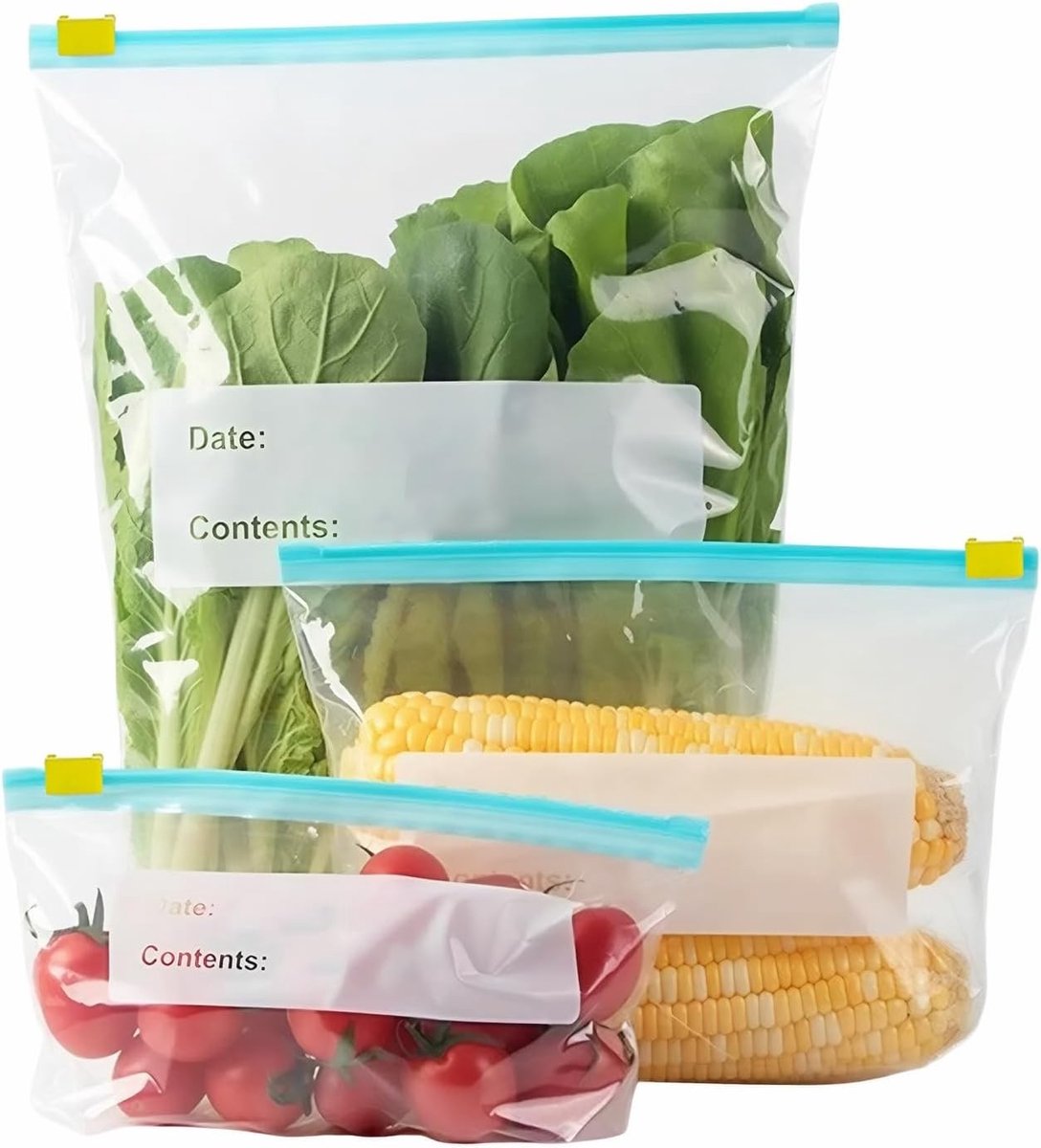 Herbruikbare diepvrieszakken, 180 stuks, met voorgeprinte labels, ideaal voor groenten, snacks en vlees, in 3 maten met uitbreidbare bodem