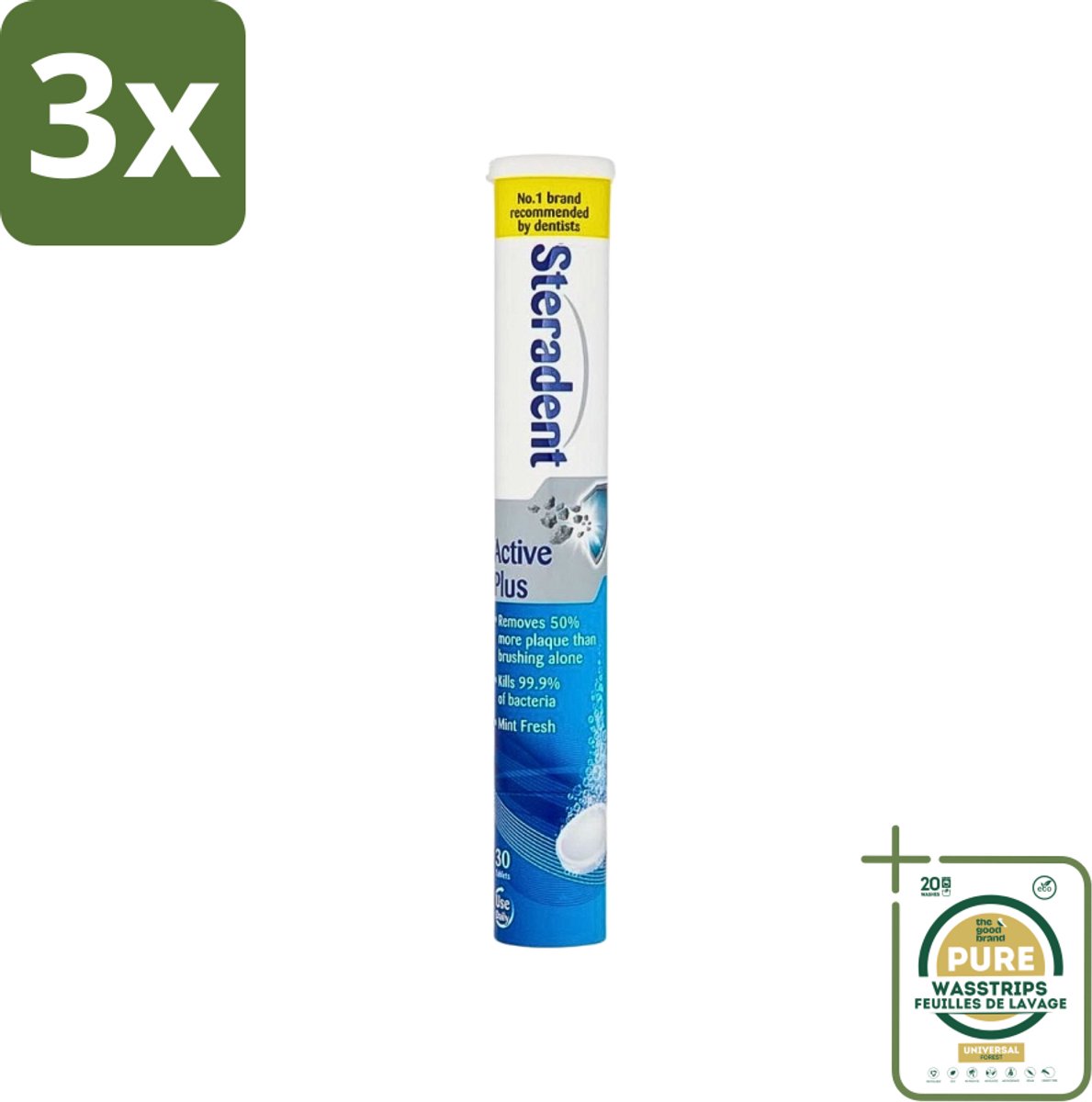 3 x Steradent - Reinigingstabletten - Active Plus - Tegen Tandsteen & Bacteriën - 30 Tabletten - Grootverpakking - Kunstgebit Reinigen - Tandsteen Verwijderen - Bacteriën Doden - Mondhygiëne - Adem Verfrissen