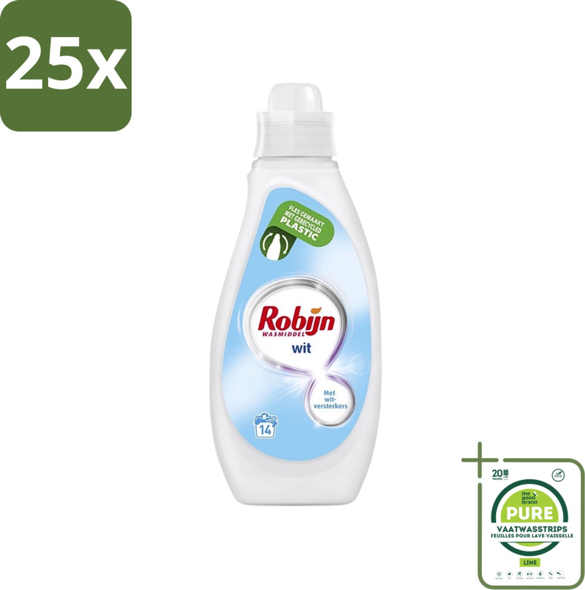25 x Robijn - Wit - Vloeibaar Wasmiddel - Met Witversterkers - 14 Wasbeurten - 700 ml - Grootverpakking - Wit Wasmiddel - Stralend Wit - Vloeibaar Wasmiddel - Witversterker - Fris Wasmiddel