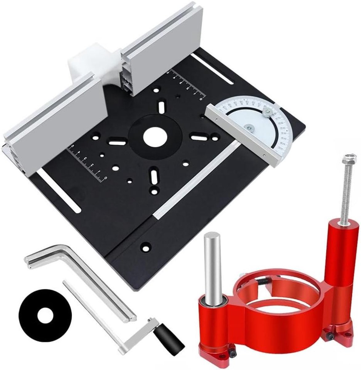 Bovenfrees Lift - Werkbank Inlegplaat - Houtbewerking Precisie - CNC Aluminium Constructie - 240 x 200 mm - Zwart Rood