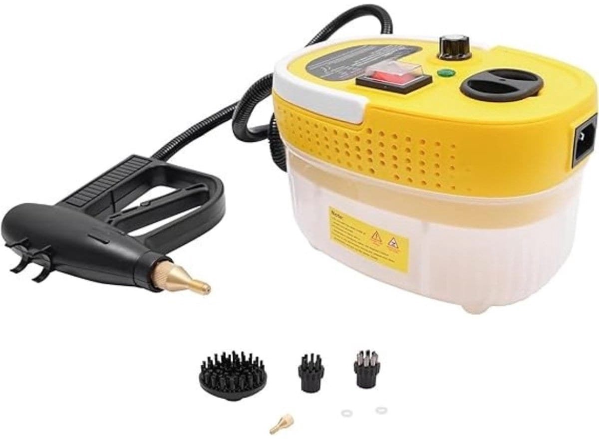 Klarven® Stoomreiniger Bank Geel - 2500W, 3 Bar Druk, 6 Snelheidsinstellingen - 29 Accessoires, 2,2m Stoomslang, 1,2L Tank - B 15 x D 13 x H 19 cm