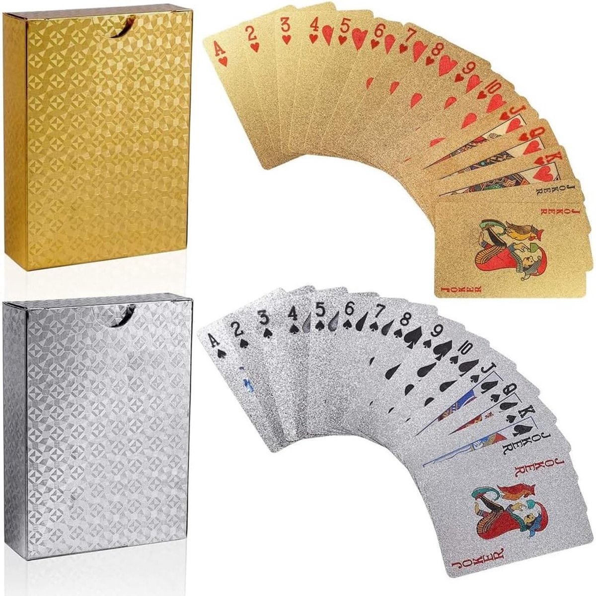 Waterdichte pokerkaarten, folie gecoat, 2 stuks voor familiefeest en spelletjesavond, goud- en zilverfolie