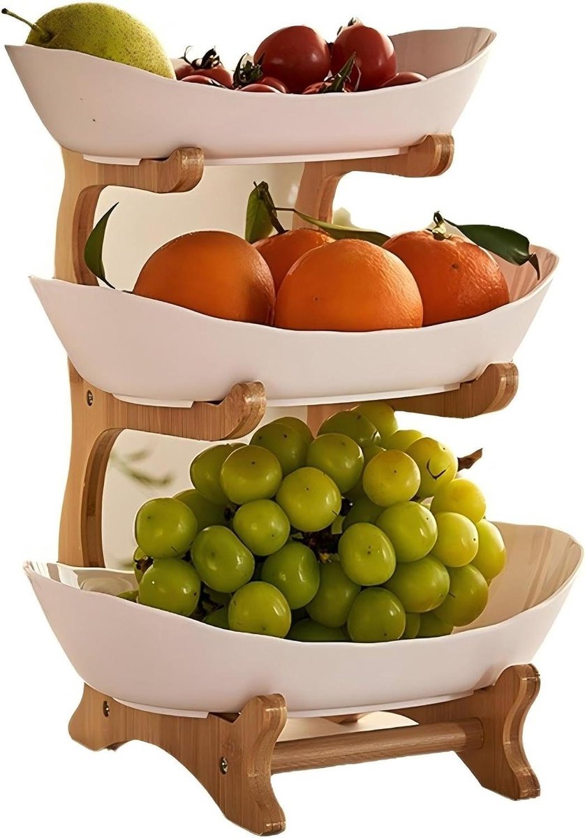 Houten Fruitmand - Fruitschaal Display - Georganiseerde Opslag - 3 Lagen Ontwerp - 25x10x35cm - Roze