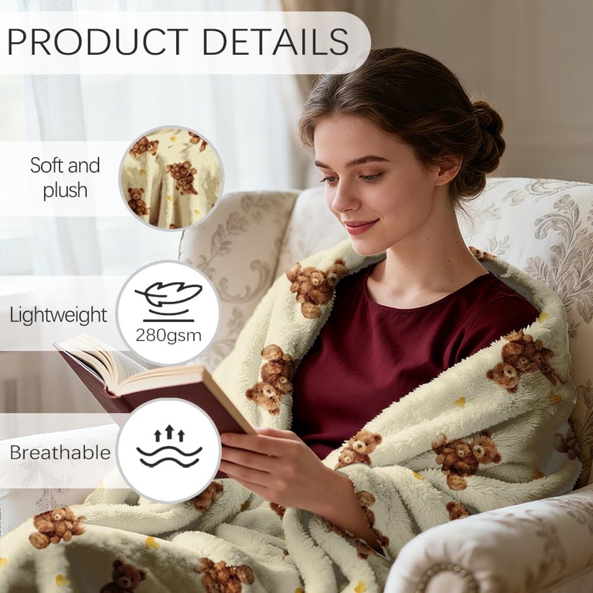 Elzusha - Cute Bear Flannel Throw Blanket - 150 x 130 cm