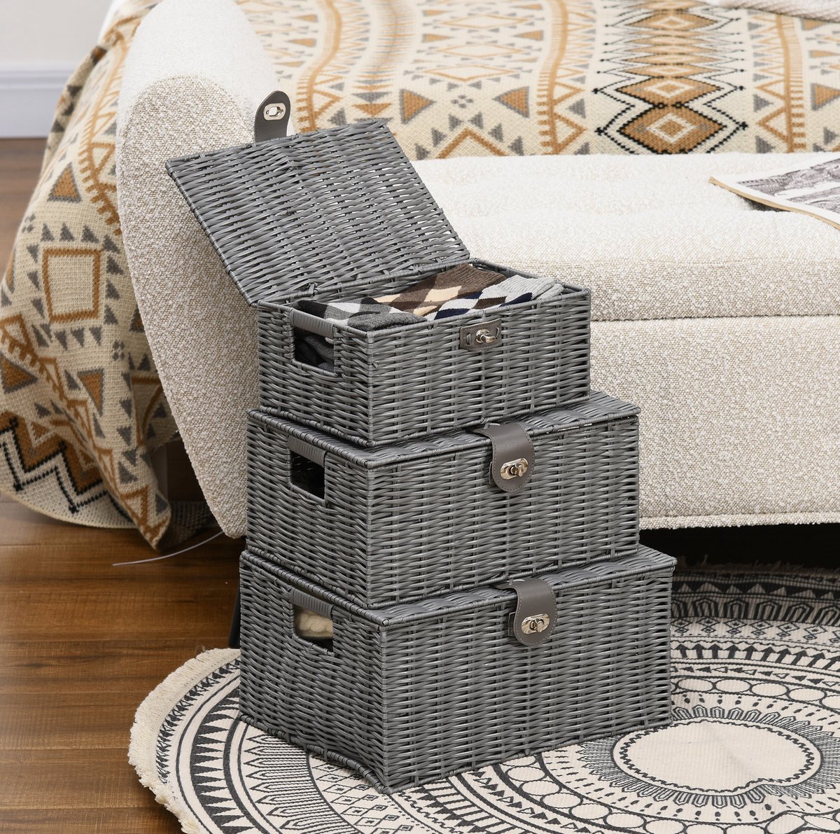 REDOM - Opbergboxen set - 3-delig met deksel en gespen - Handgevlochten - Opbergmanden - Woonkamer - PP kunststof met metalen frame - Grijs - 35,5 x 28,5 x 18 cm