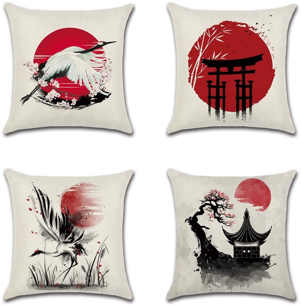 Elzusha - Set van 4 Japanse Stijl Kussenhoezen met Rode Zon en Inktverf