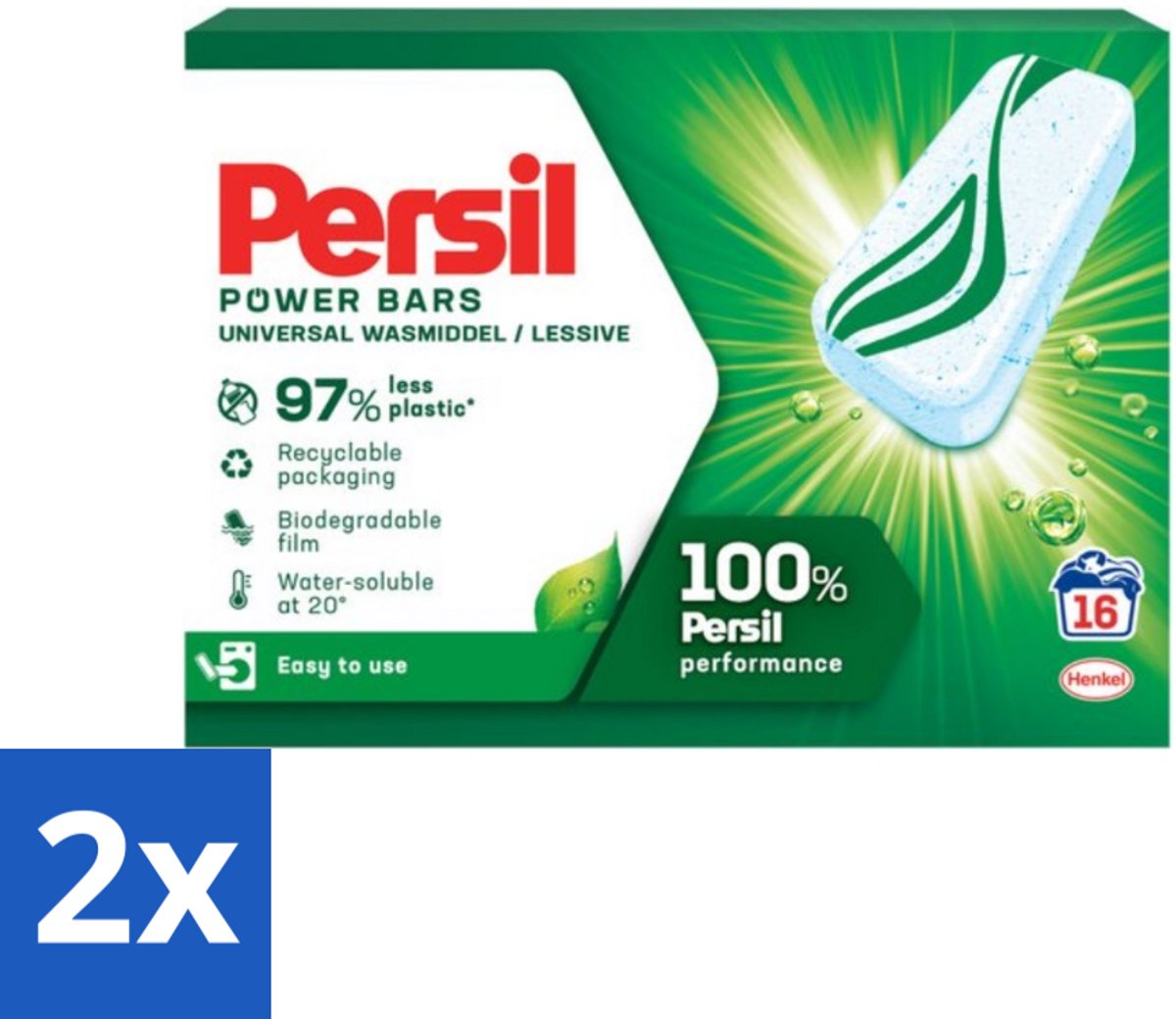 2 x Persil Power Bars - Wasmiddeltabletten - Gekleurde Was - 16 Wasbeurten - Wasmiddel Tabletten - Gekleurde Was - Duurzaam Wasmiddel - Biologisch Afbreekbare Verpakking - Wasmiddel Bars