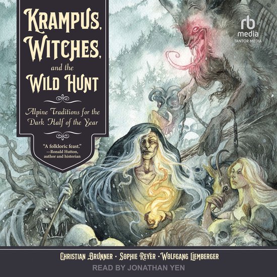 Boekomslag: 'Krampus, Witches, and the Wild Hunt' met illustratie van griezelige figuren, een heks en een winterse setting.