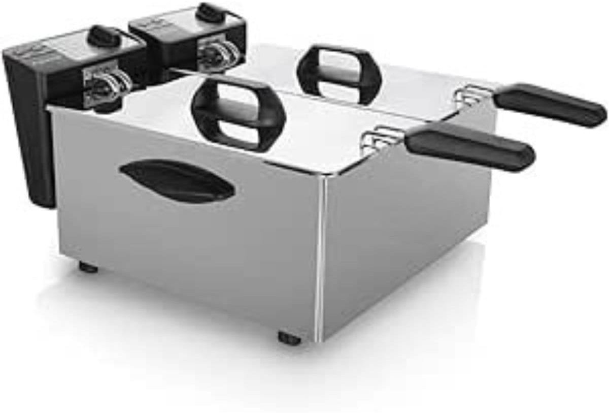 Klarven® Frituurpan Dubbel - Roestvrij Staal - 2 x 3,5 Liter, Instelbare Thermostaat, 2000 W - B 29 x D 29 x H 33 cm