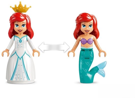 LEGO Disney Princess, Ariel als prinses met witte jurk en kroon, en als zeemeermin met paarse top en turquoise staart.