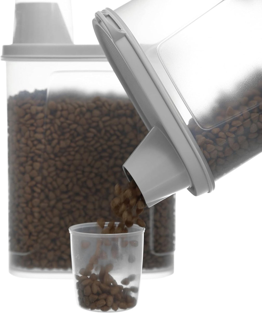 Set van 2 luchtdichte voedselopslagcontainers voor honden en katten, waterdichte voerbox met maatbeker, 2300 ml, grijs, ideaal voor huisdierenvoer en snacks