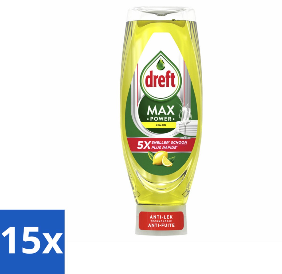 15 x Dreft - Afwasmiddel - Max Power Citroen - Extra ontvettend - 730 ml - Afwasmiddel Citroen - Vetverwijdering - Krachtig Afwassen - Schone Vaat - Citroengeur