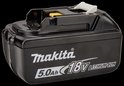 Zwarte Makita 18V Lithium-Ion accu, 5.0Ah met witte en gele details.